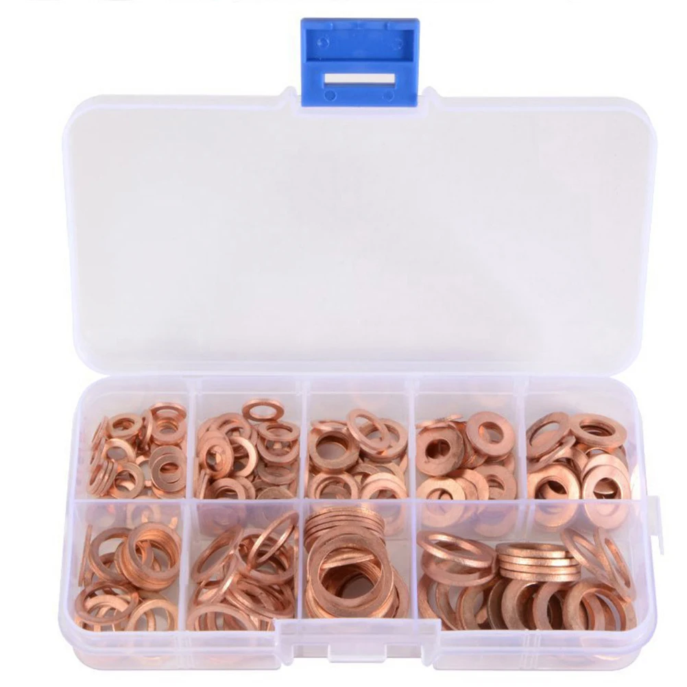

200 Pcs Copper Gasket Set Seal Assorted Flat Washers Hose for Bolts Steel Metal Brass Oil Plugging