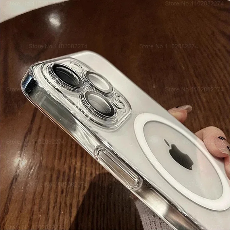 iPhone 16 15 14 13 12 11 Pro Max Plus 마그네틱 케이스 용 고급 Magsafe 클리어 케이스 무선 충전 충격 방지 커버 액세서리