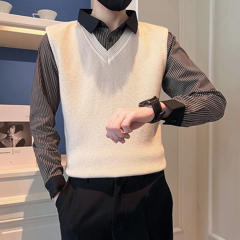 

Polo T Shirt for Men Stripe Original Xl Full Sleeve Fake Two Piece Pullovers Y2k Sale with Collar Tee Casual Knit Man Sweatshirt