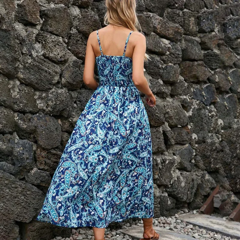 ผู้หญิงฤดูร้อนสปาเก็ตตี้Strap Slim A-Lineชุดชายหาดสุภาพสตรีเซ็กซี่แฟชั่นพิมพ์VคอBacklessชุดเดรสแขนกุด