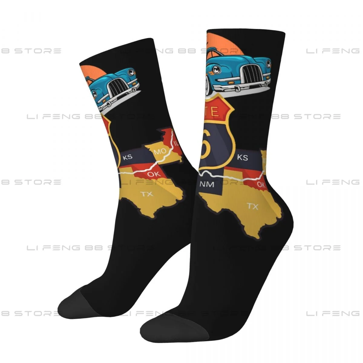 Route 66 US Route 66 Car Show Sticker Men Women Socks Windproof Novelty Spring Summer Autumn Winter Stockings Gift