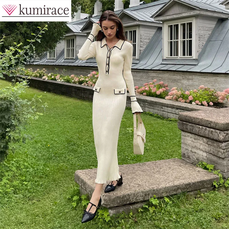 

New French Ruffle Knitted Dress 2025 Autumn/Winter Woolen Skirt Collar Tight Mid Length Skirt Formal Occasion Dressesparty Dress