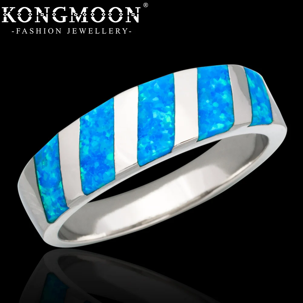 KONGMOON Diagonal Stripes Ocean Blue Fire Opal Silver-Plated Jewelry Women Band Ring US Size 6 7 8 9 10