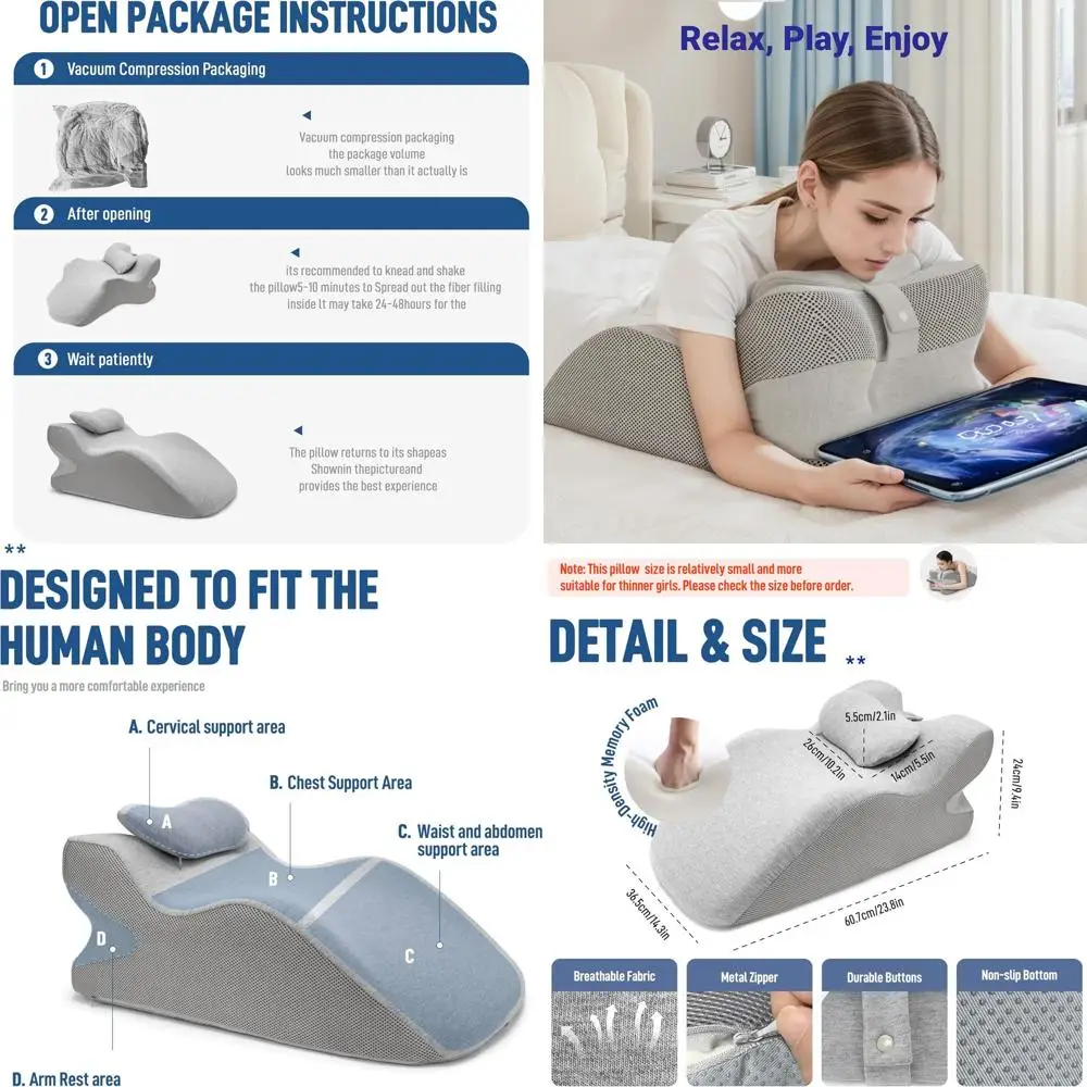 

Ergonomic Memory Foam Bed Wedge Pillow with Adjustable Headrest for Reading, Back Support, and Comfort