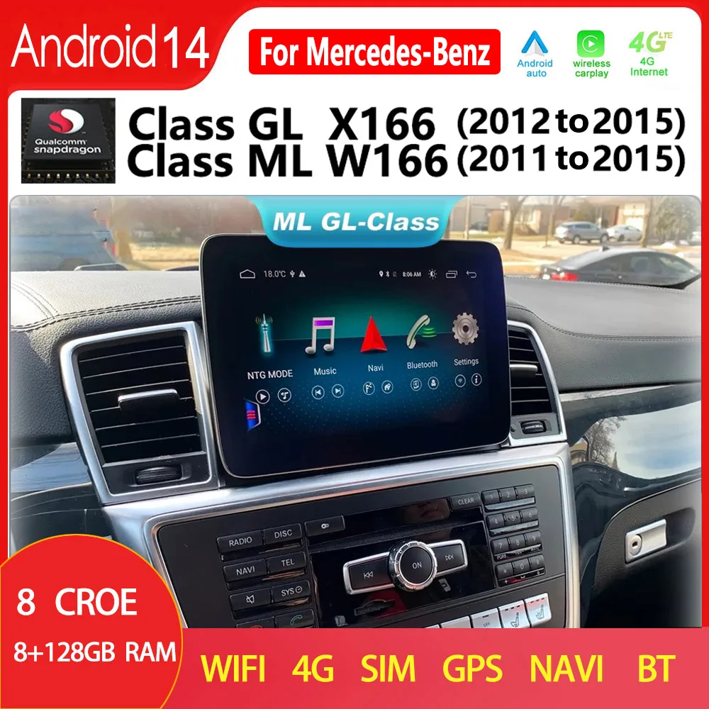 

Qualcomm For Mercedes Benz ML GL W166 X166 Android 14 CarPlay 4G Car DVD Radio GPS Navigation Multimedia Player HD Screen