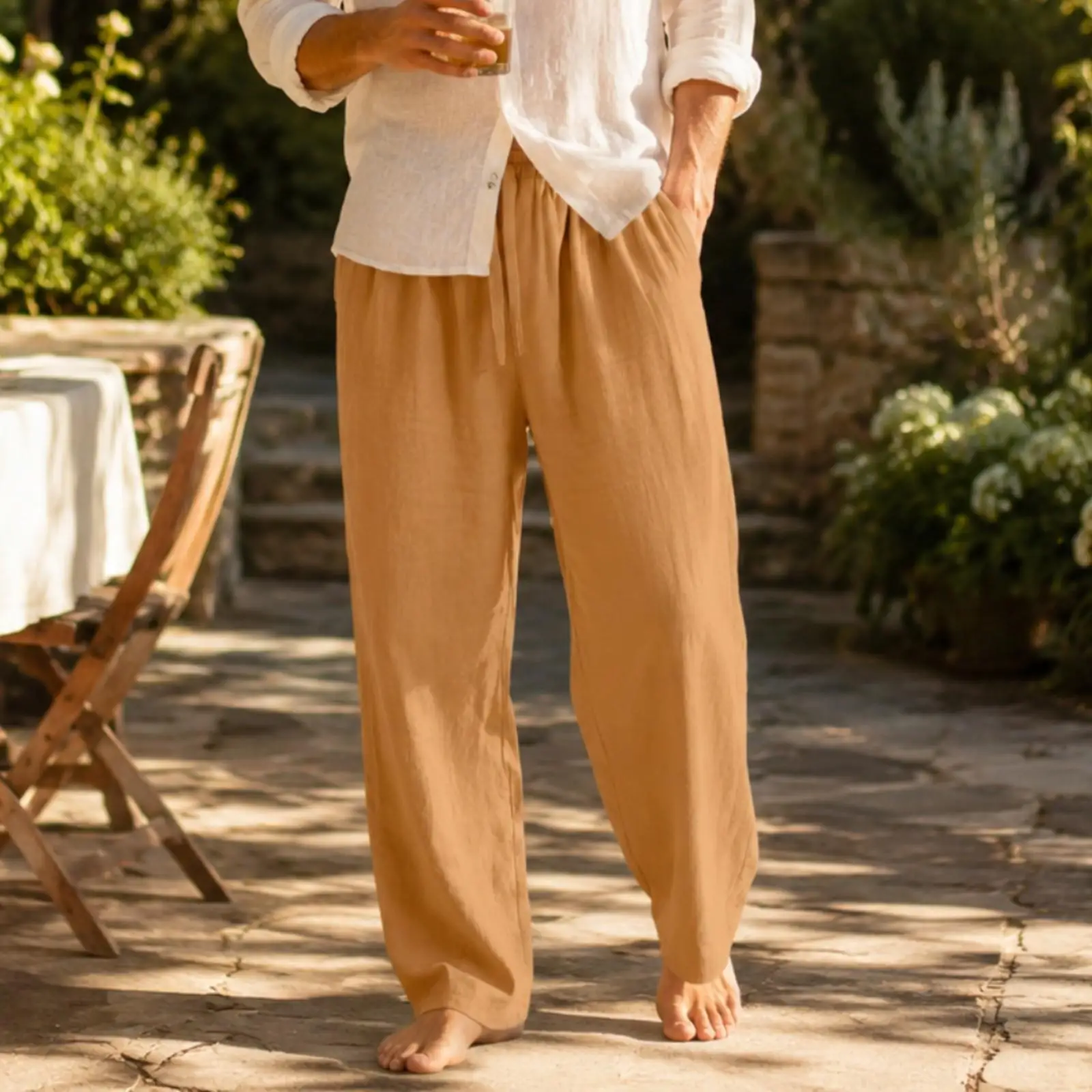 Men Summer Lightweight Linen Blend Trousers with Adjustable Waist and Side Pockets for Casual Wear 5