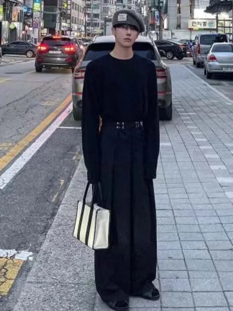 New Men's Fashionable Casual Solid Color Simple Wide Leg Pants Korean Style Loose Temperament College New Style