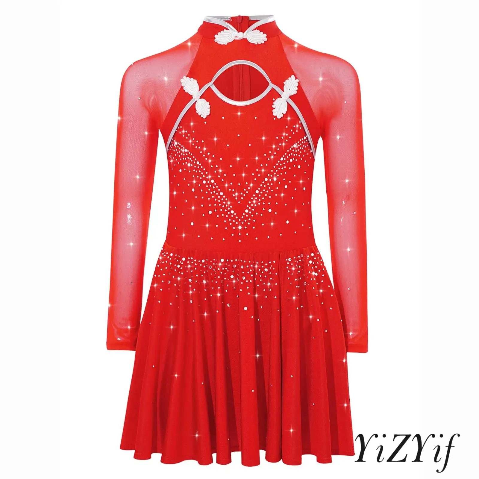 

Girls Lyrical Dance Dresses Knot Button Mandarin Collar Sheer Mesh Long Sleeves Keyhole Front Shiny Rhinestones Side Split Dress