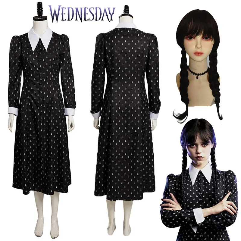 Film Wednesday Addams Jurken Cosplay Kostuums Vrouwen Meisje Weddenday Addams Cosplay Jurk Outfits Zwart Gothic Print Kostuum