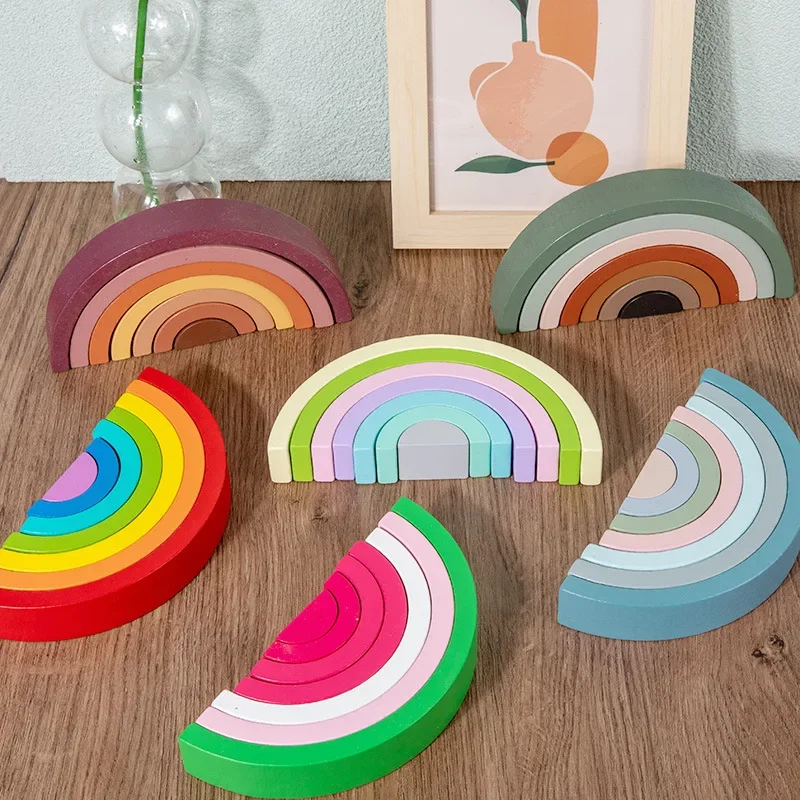 Arch Bridge Rainbow Wooden Building Blocks Stacking Games Color Cognitive Kids Montessori Educational Wood Toys for Children