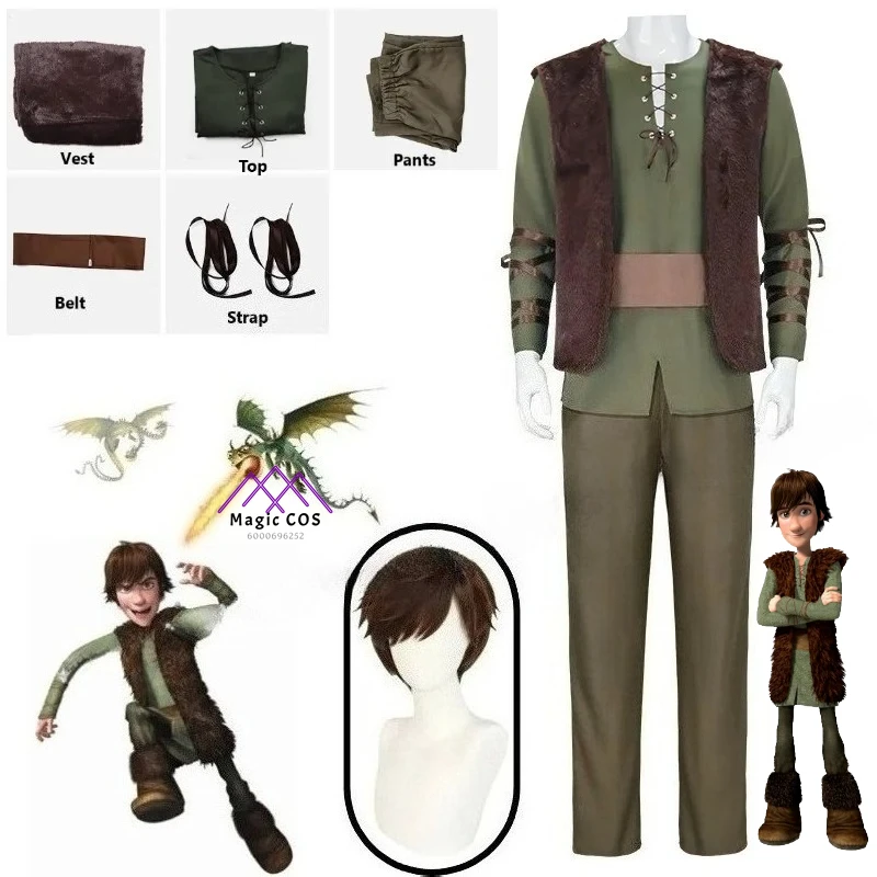 

Movie Dragon Hiccup Cosplay Costume Wig Green T-Shirt Pant Brown Vest Halloween Adult Cartoon Dragon Training Roleplay Outfit