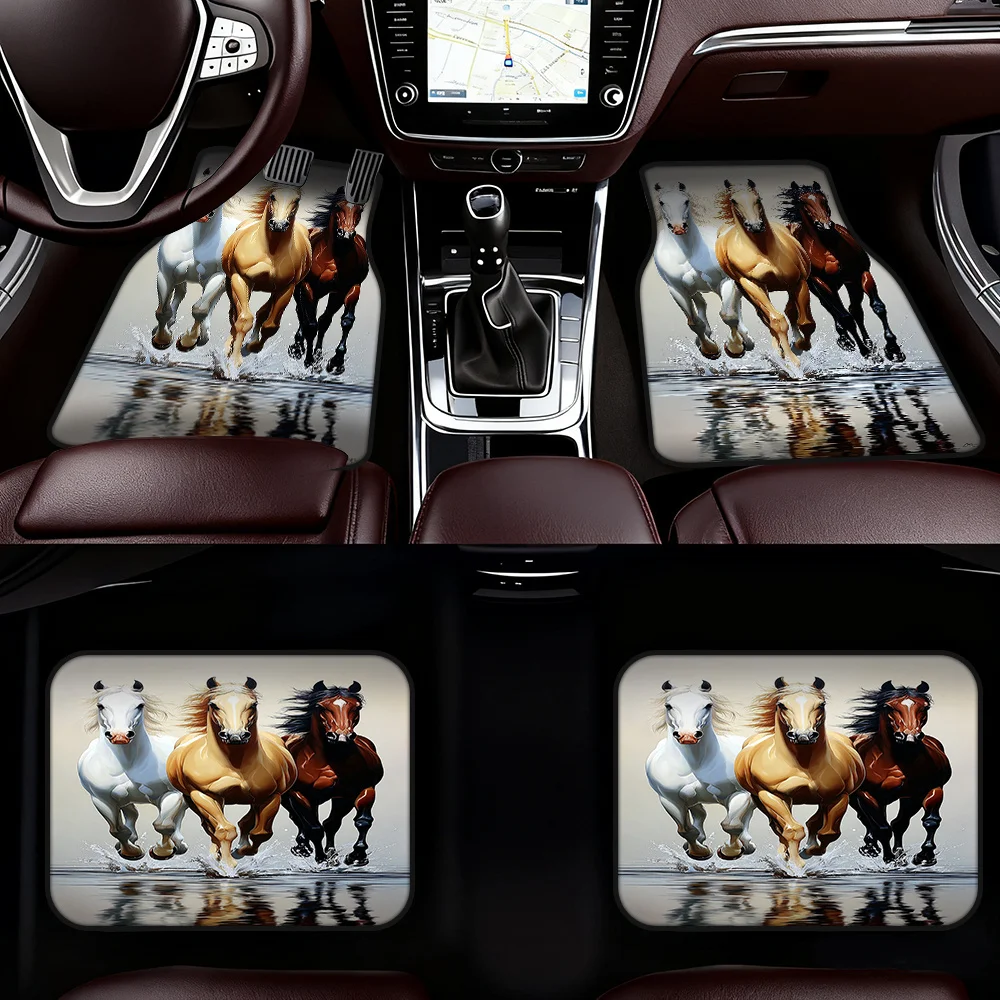 

A set of 4 car floor mats, designed with three running horses, is suitable for pickup trucks or mini bus