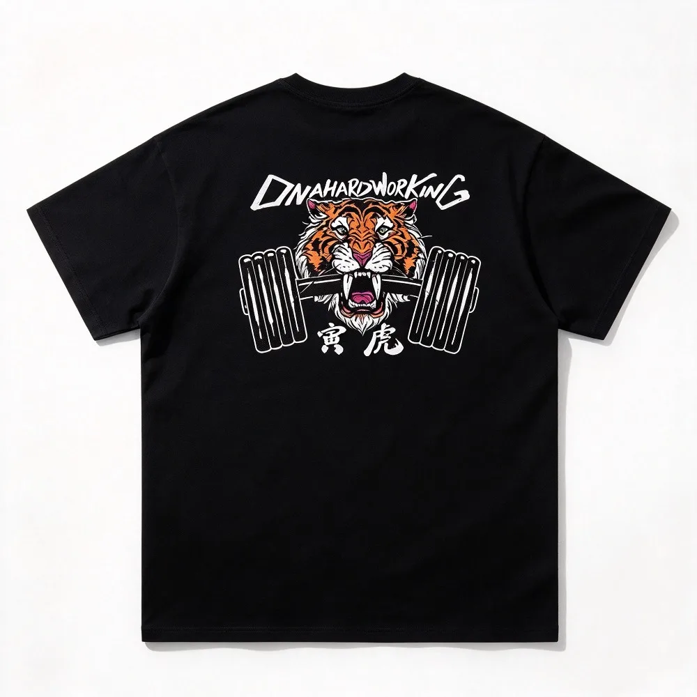 2026 New Fitness Tiger Bite Barbell Slogan Pattern High-Quality Comfortable Casual Print Oversized Vintage Men's Cotton T-Shirt