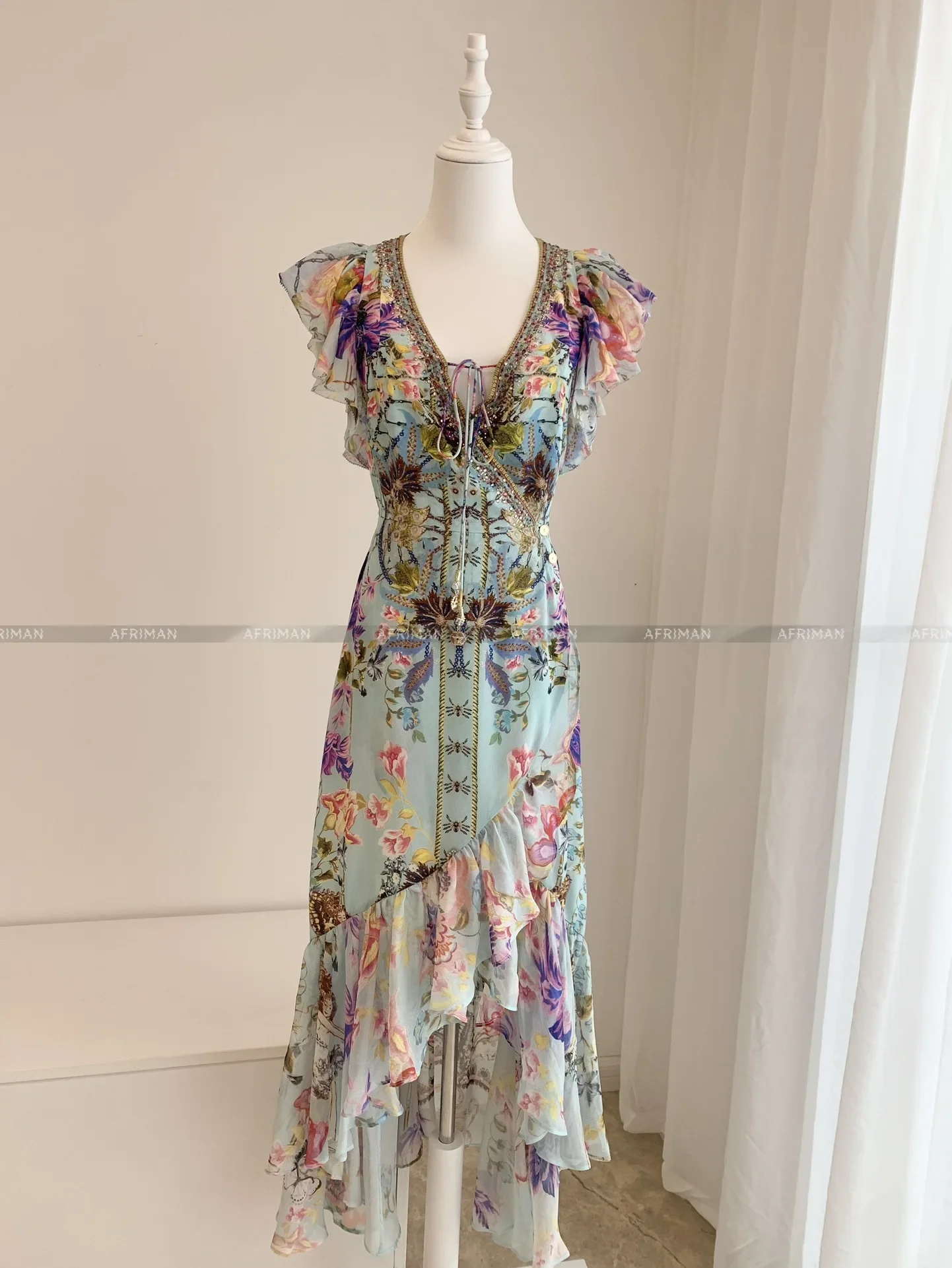 Women V Neck Crystal Beaded Ruffles Sleeve Flower Print 100% Silk Irregular Dress