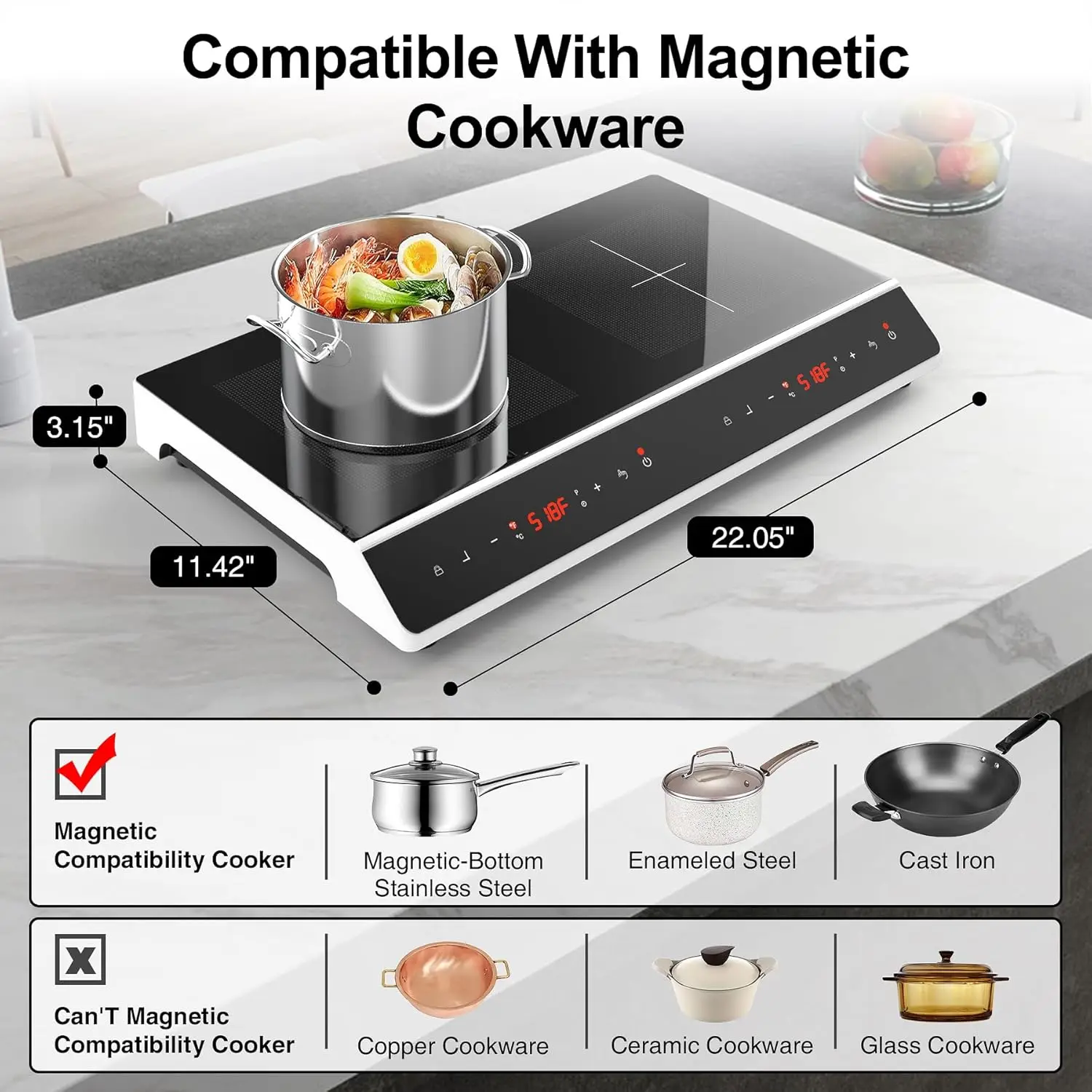 24 inch 4000W Induction cooktop 2 burner,Electric cooktop with LED Touch Screen 10 Levels Settings with Child Safety Lock & Time