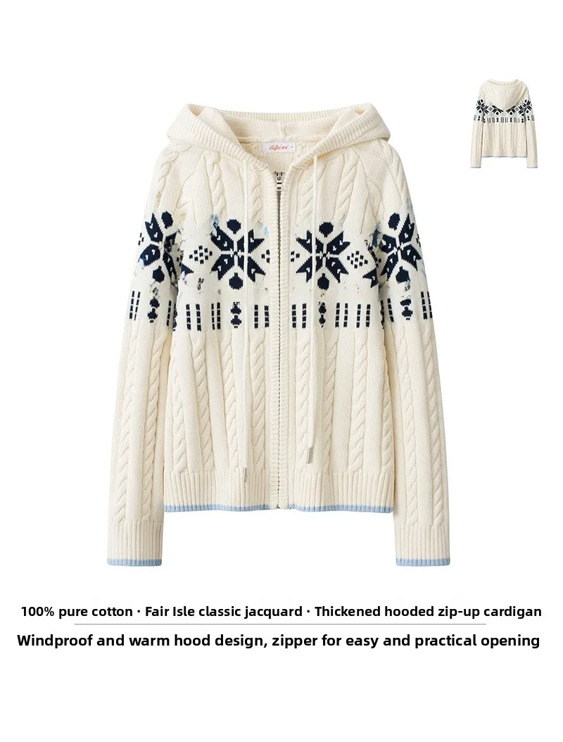 

Thiened Cotton Fair Isle Knitted Zipper Cardigan Women's Autumn Winter New Sle Hooded Open-irt Geometric Patterned Sweater