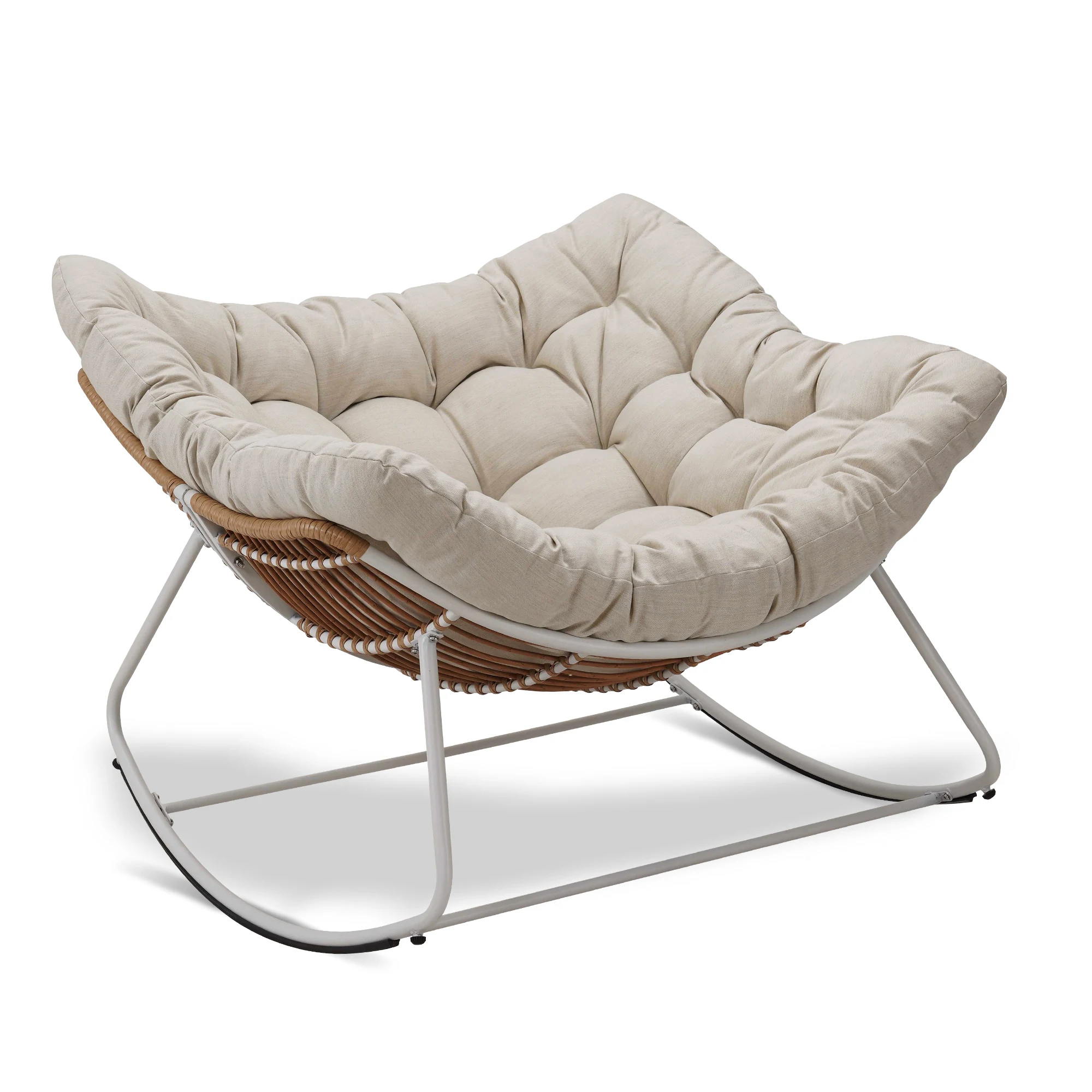Mecedora para exterior, silla de mimbre para patio, cómoda silla Papasan de gran tamaño para interiores con cojín acolchado para porche delantero, jardín