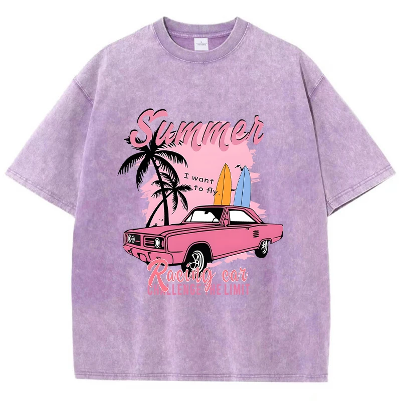 Casual Women Cotton Washed T-Shirt Summer Racing Car Challenge The Limit Print Tees Street Oversize Tops Fashion O-Neck Clothes