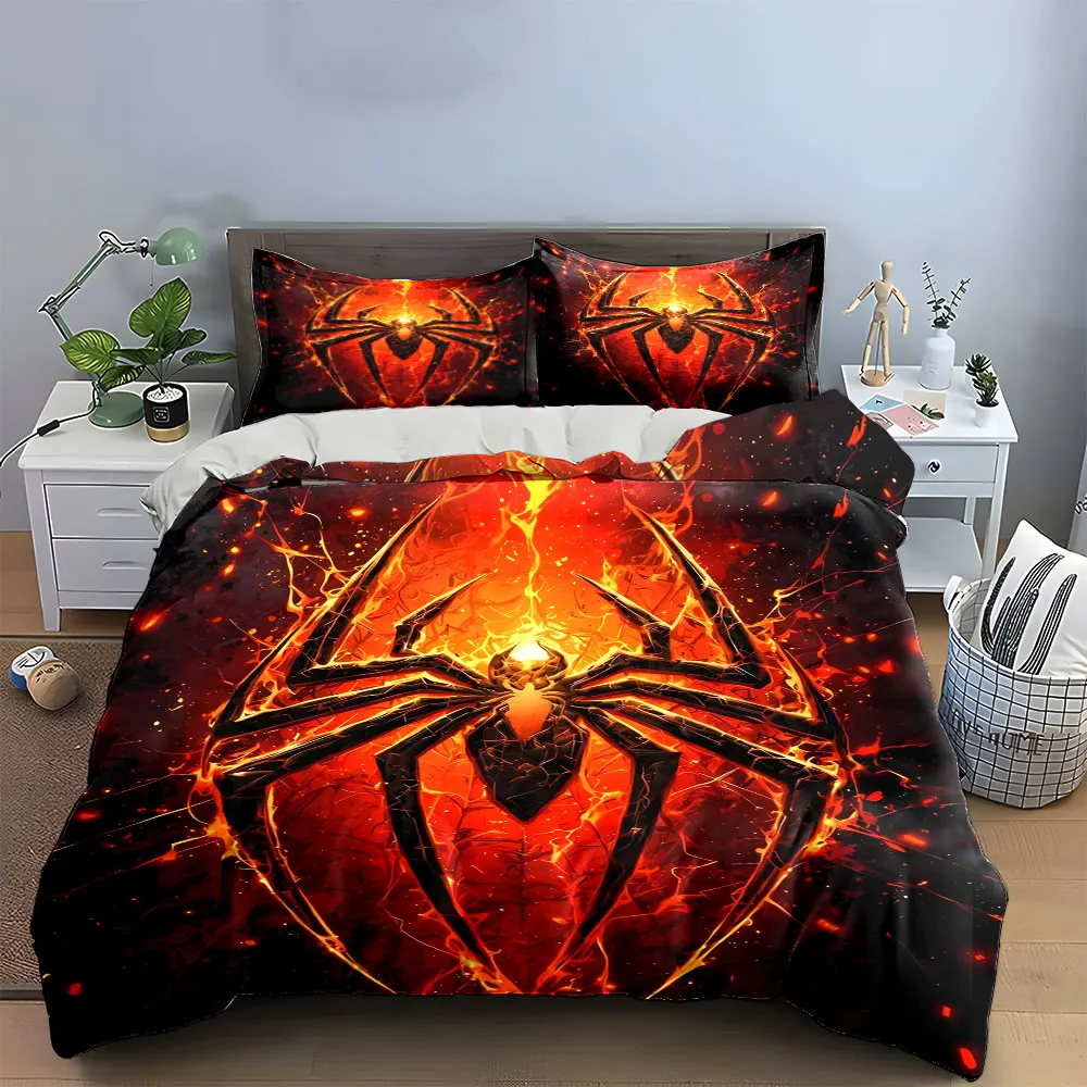 3Pcs Bedding Set, Fiery Spider with Red and Orange Flames Print Duvet Cover, Bold Bedroom Decor,Great Gifts