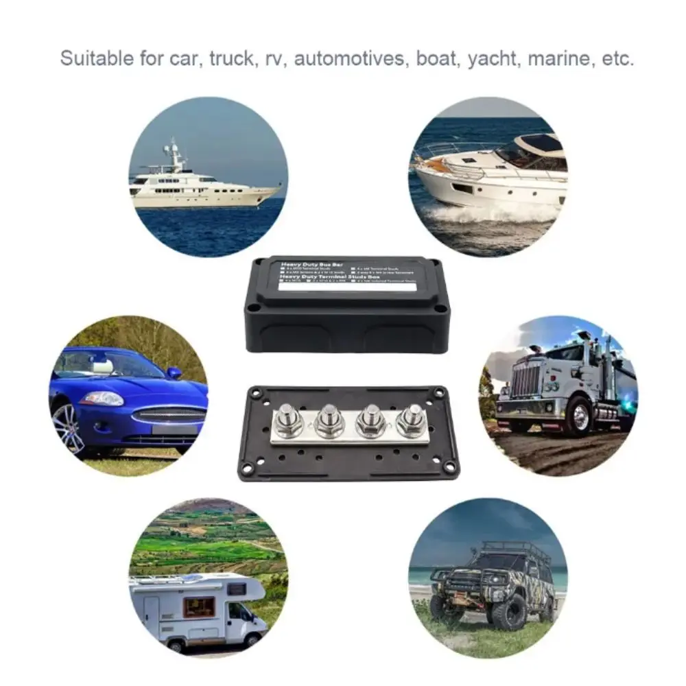 

Heavy-Duty Modular Design DC 48v Distribution Block 4 Terminal Studs 300A Rated Power Distribution Block M8 Studs