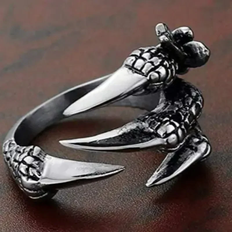 Gothic Stainless Steel Vintage Silver Dragon Claw Opening Ring Tibetan Silver Eagle Animal Rings for Men Women Punk Jewelry