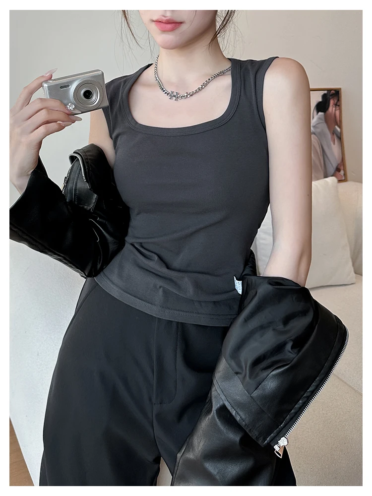 Solides ärmelloses Tanktop für Damen, Sommer-Basic-Top mit dehnbarem, quadratischem Ausschnitt, sexy schulterfreies Top – Detail 6