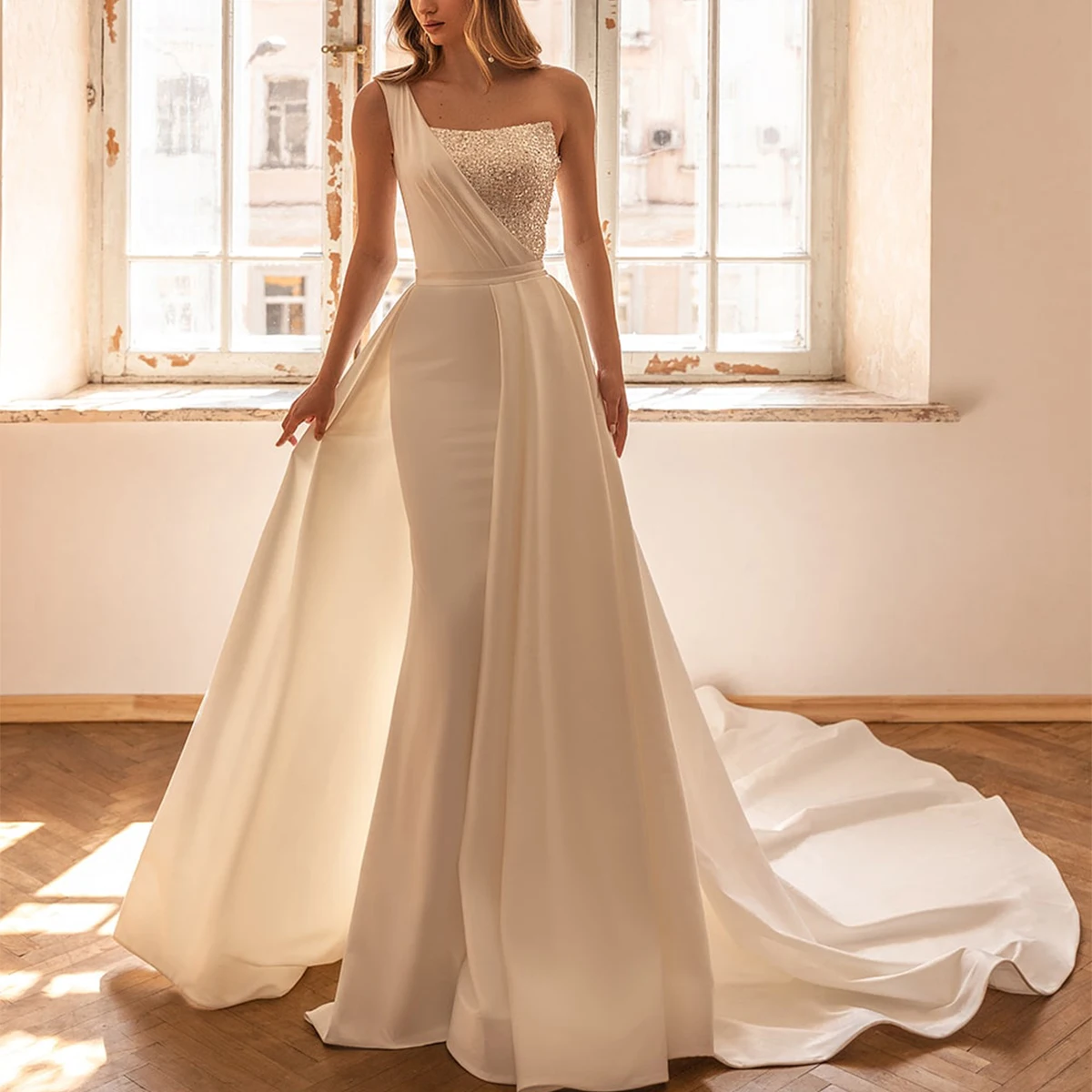 

Newest One Shoulder Satin Wedding Dress For Women Long Mermaid Bridal Party Gown Sequin Beach Wedding Gown vestido de novia