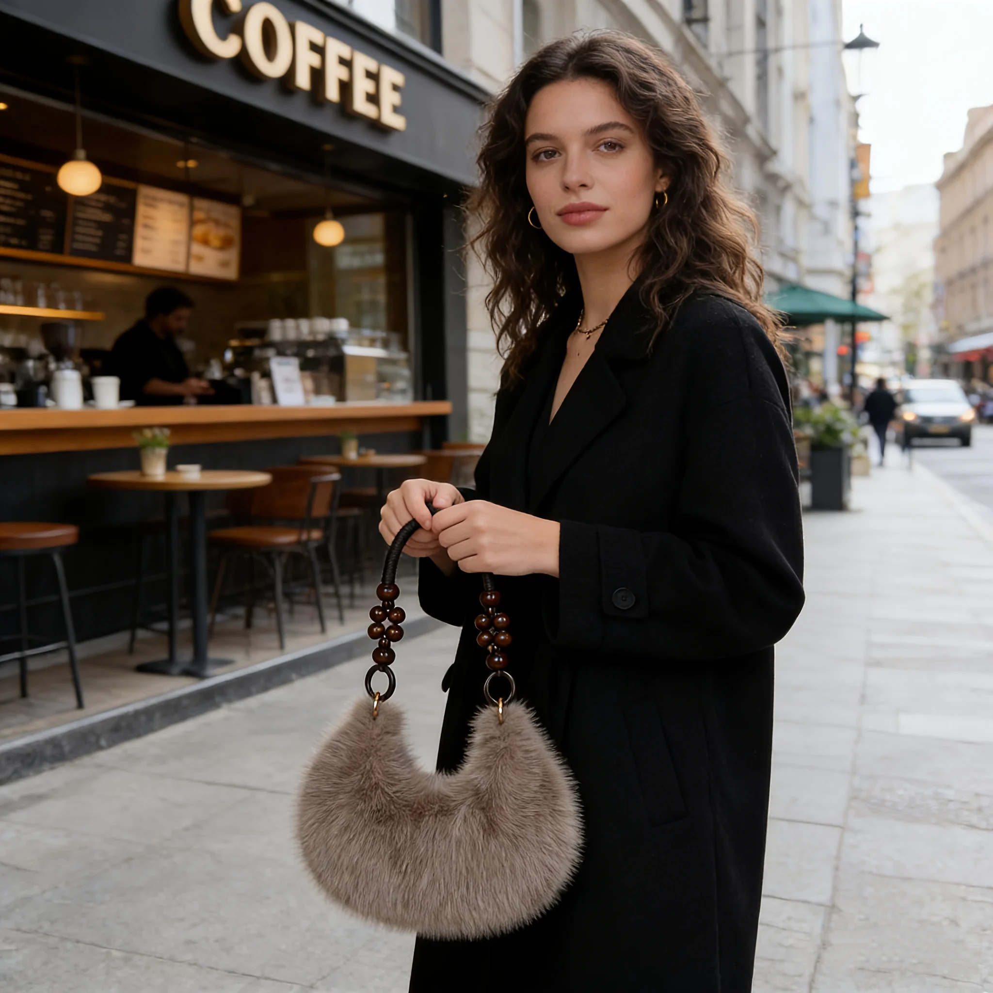 Elegant Plush Tote & Crossbody Bag with Beaded Strap. Zipper Closure, Multiple Colors. Perfect for Daily & Special Events. - view 5