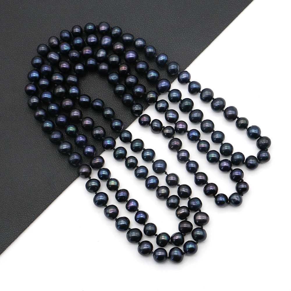 Unique and Distinctive Natural Freshwater Round Dyed Black Straight-hole Long Pearl Beads Necklace Jewelry Accessory 1strand