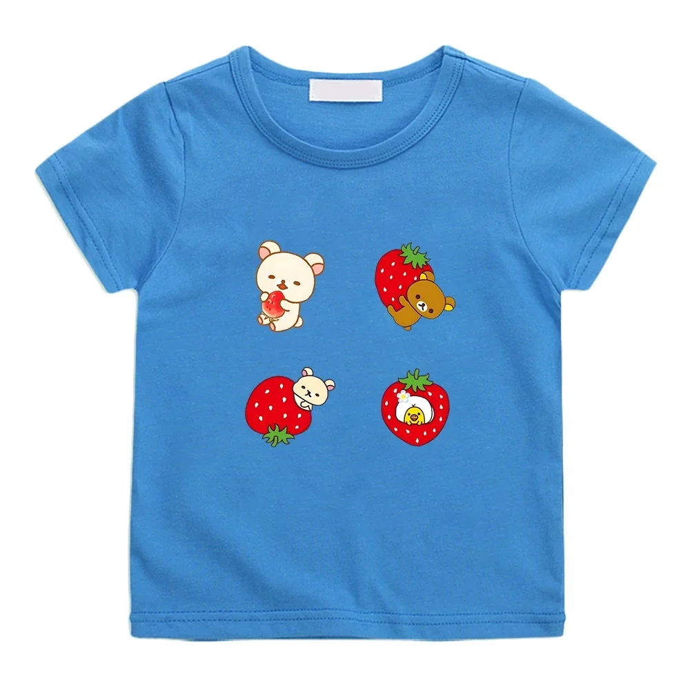 Kiiroitori Yellow Chick Strawberry T-shirts Rilakkuma and Korilakkuma Bear Tee-shirt Kawaii Graphic Printing Tshirts 100% Cotton