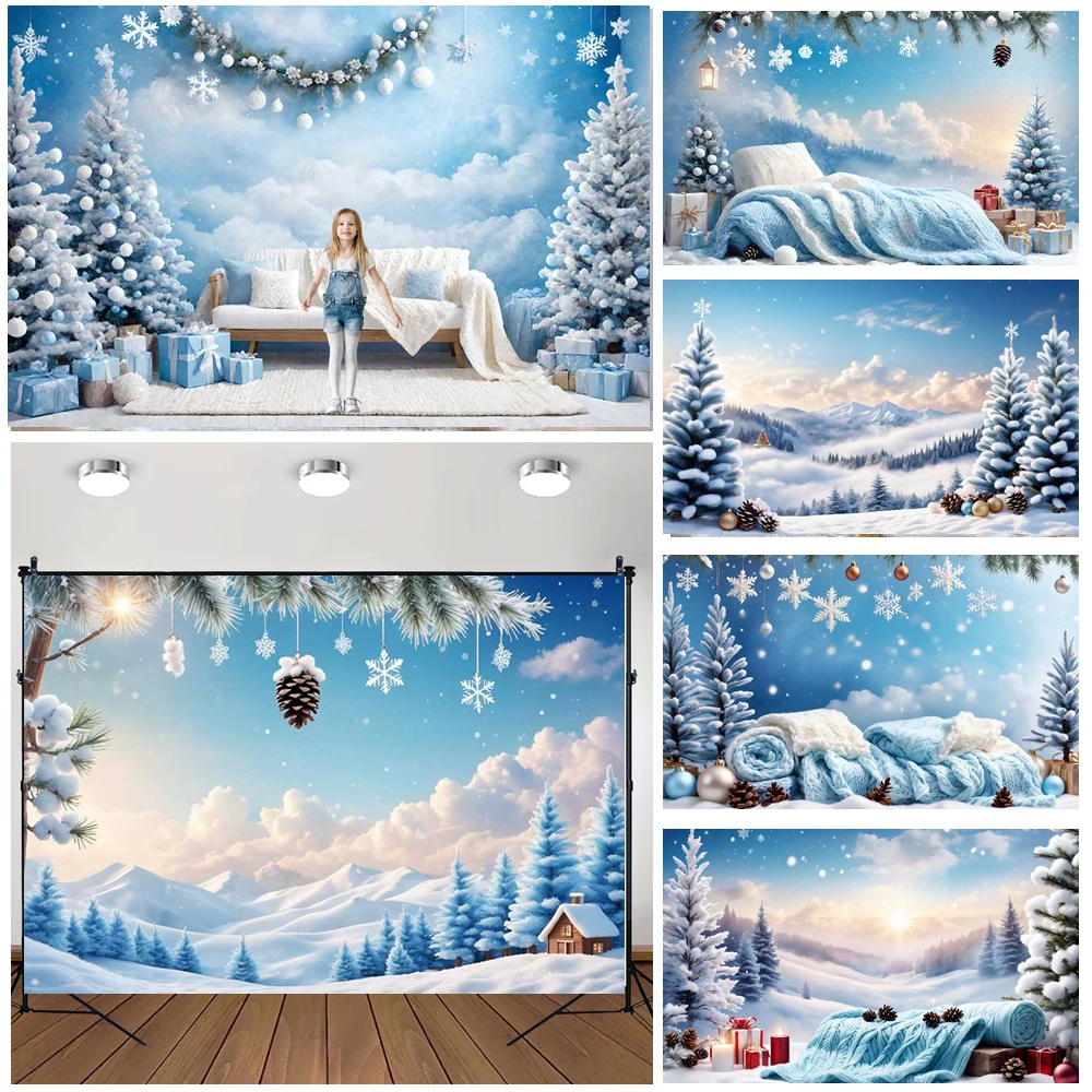 

MOON.QG Blue Christmas Photo Background Snowy Winter Xmas Trees Photography Backdrop Photo Studio Baby Shower Decoration Booth