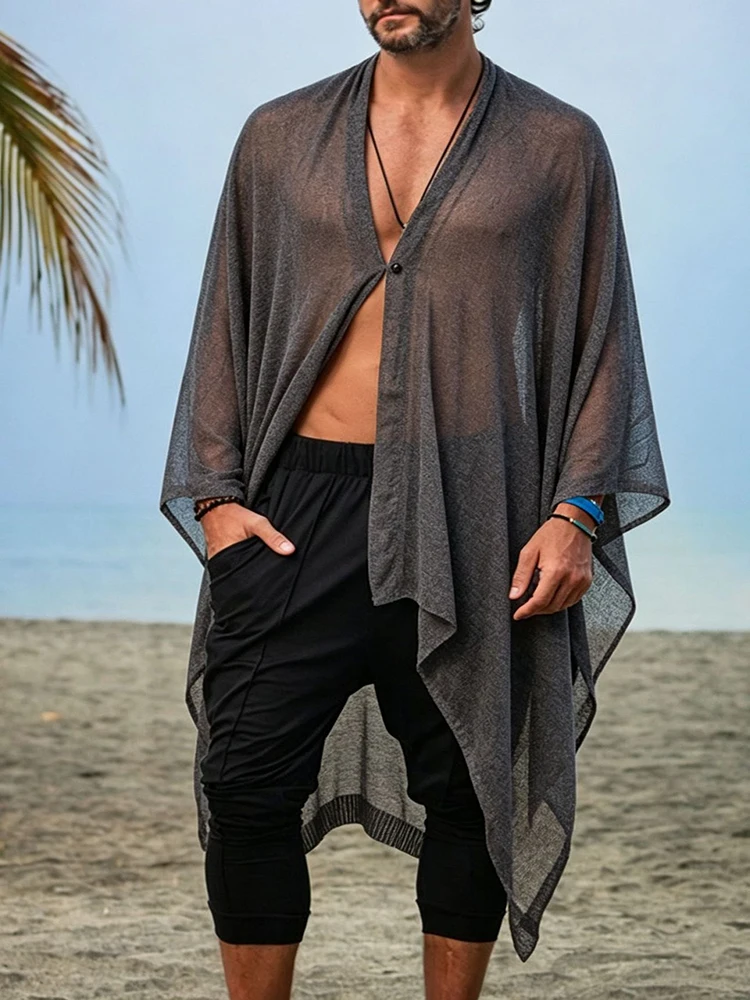 2026 Summer Mens Sun-proof Knitted Cover-up Fashionable Solid Color Breathable Loose Deep V Neck Capes Bohemian Retro Cardigan