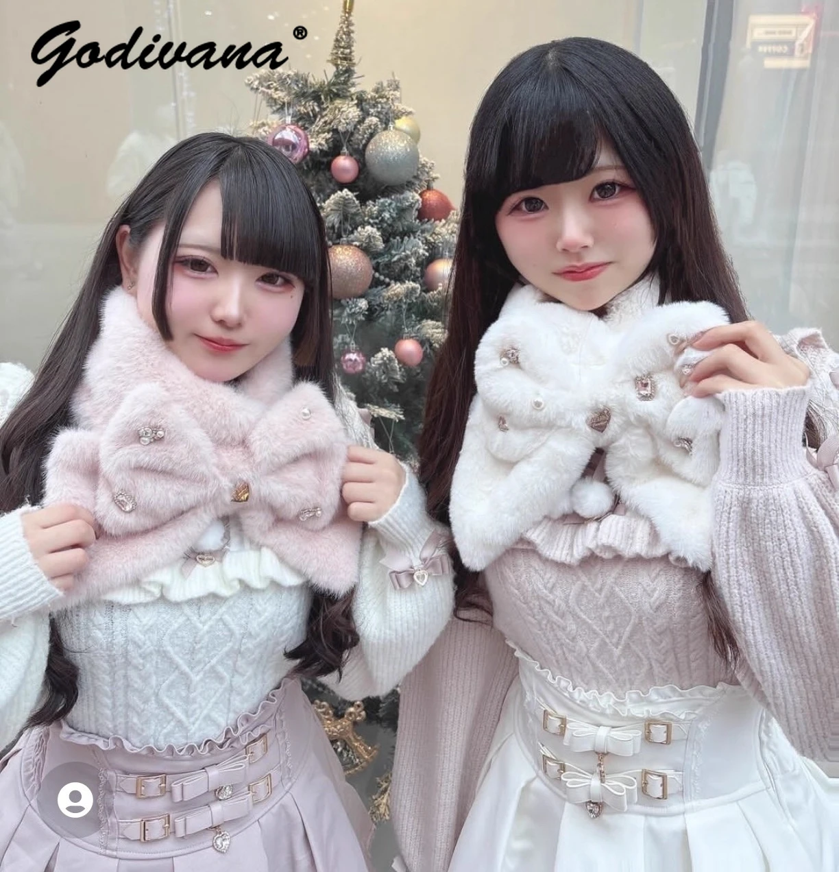 

Japanese Liz New Winter Rhinestone Plush Scarves Lolita Sweet Bowknot Warm Scarf Sweet Girl Women's Furry Neckerchief