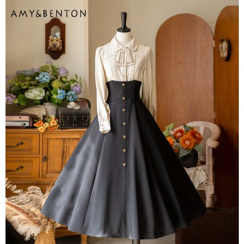 

Forest Wardrobe Original Retro Fishbone Half Skirt British Style Elegant Princess High Waist Slim Mid-Length Skirts Tutu Skirt