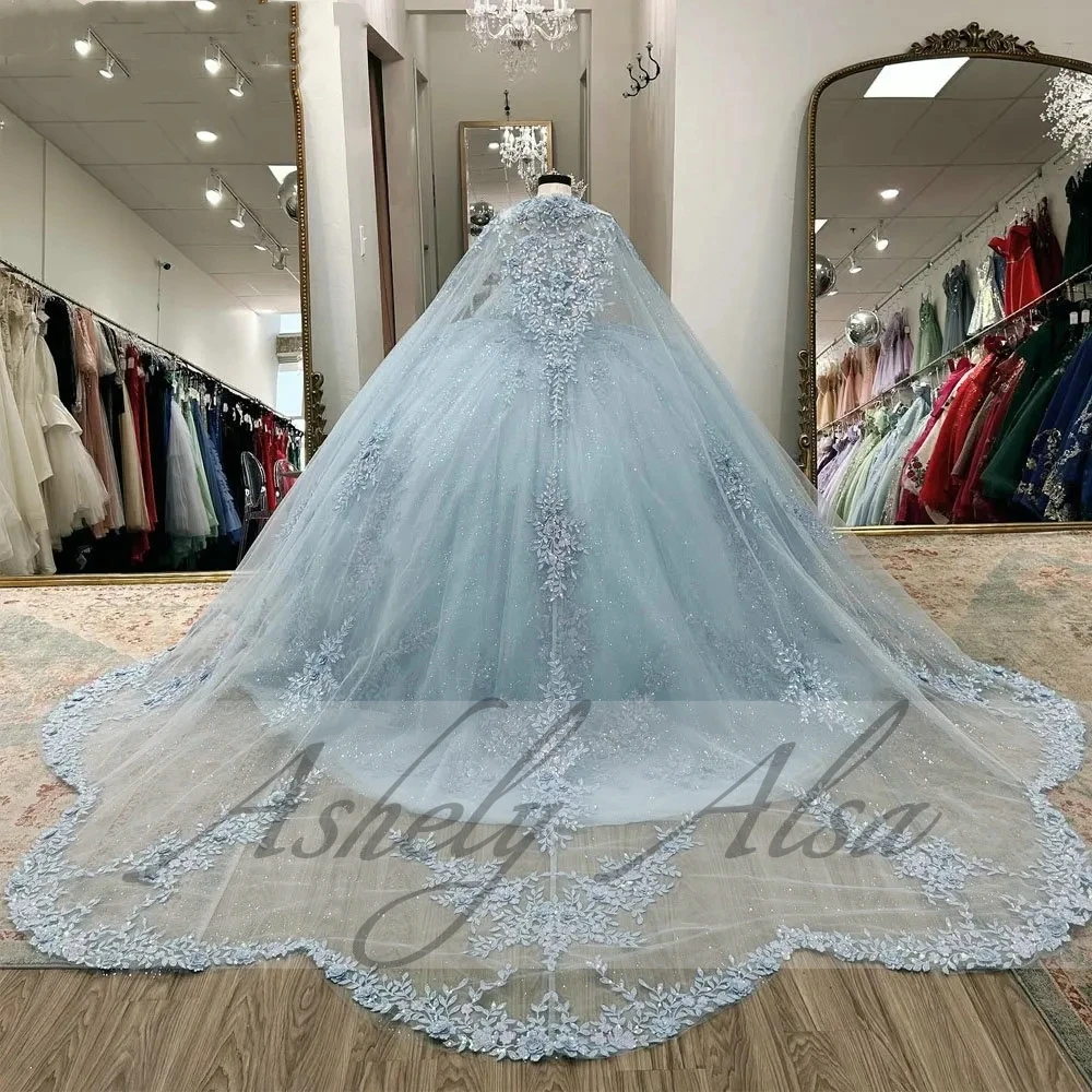 Luxury Light Blur 15 Girl Quinceanera Dress With Long Cape Lace Applique Big Ball Skirt 16 Birthday Party Prom Dress Dance Wear