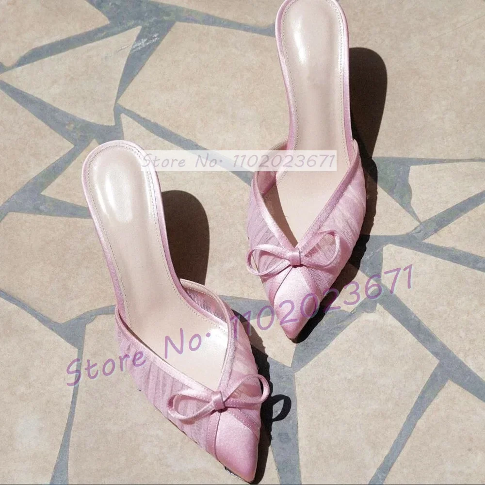 

Bowknot Pointed Toe Tulle Slippers Women Elegant Satin Patchwork High Heels Shoes Female Festival Party Charming Purple Mules