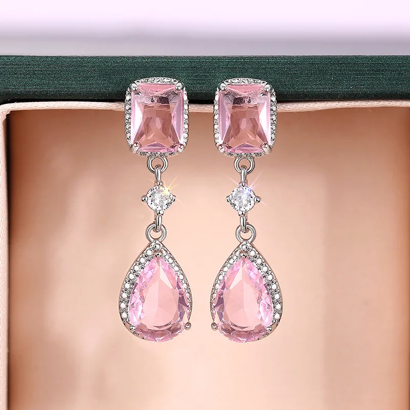 Luxury Romantic Square Teardrop-shaped 5A Zircon Long Dangle Earrings for Women Bride Wedding Engagement Party Jewelry Colorfast