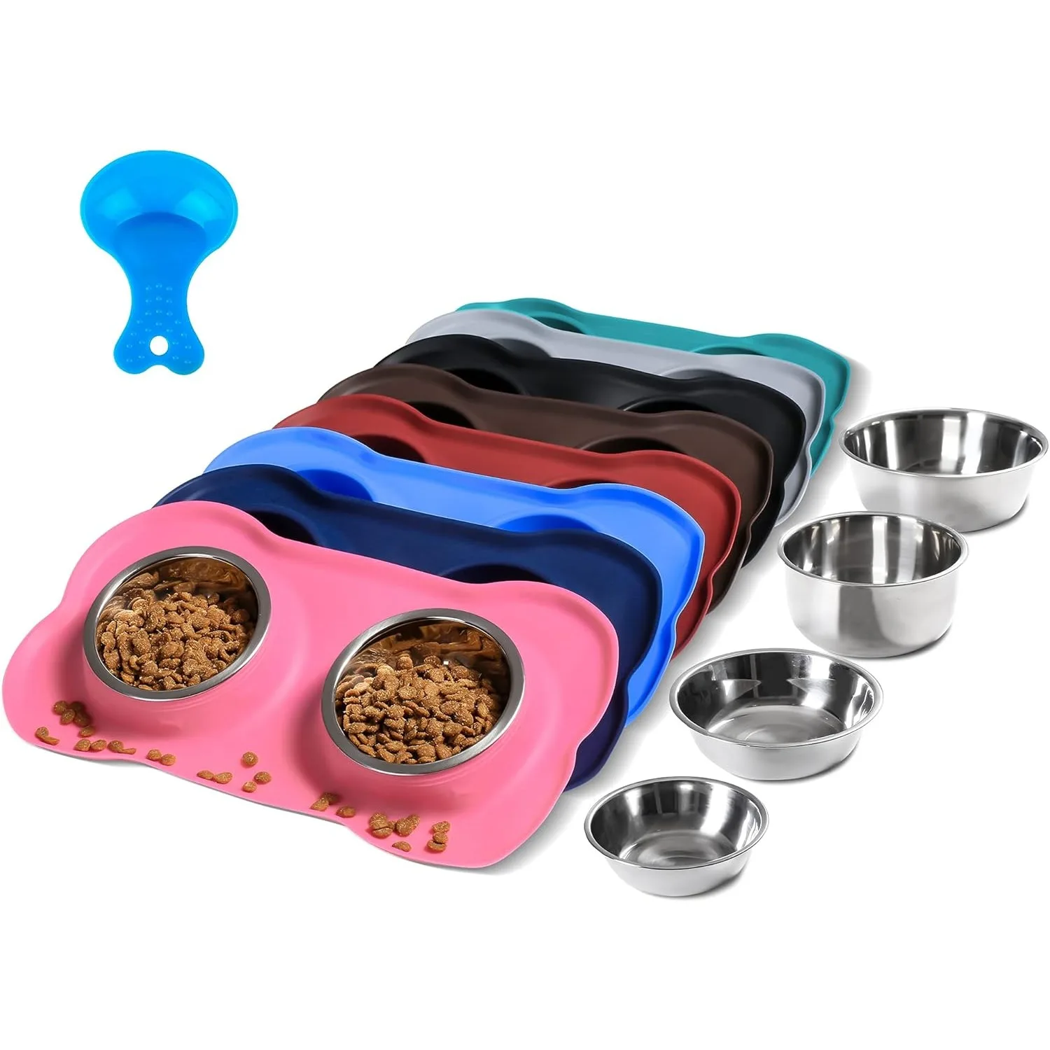 Dog Bowl Set 2 Stainless Steel Bowls No Spill Non-Skid Silicone Mat with Food Scoop Feeder for Small Medium Large Cats Puppies