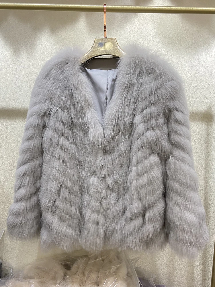 Women Thick Natural Real Fox Fur Freesize Winter Warm Pink Real Fox Fur Overcoat Blue Fur Coat