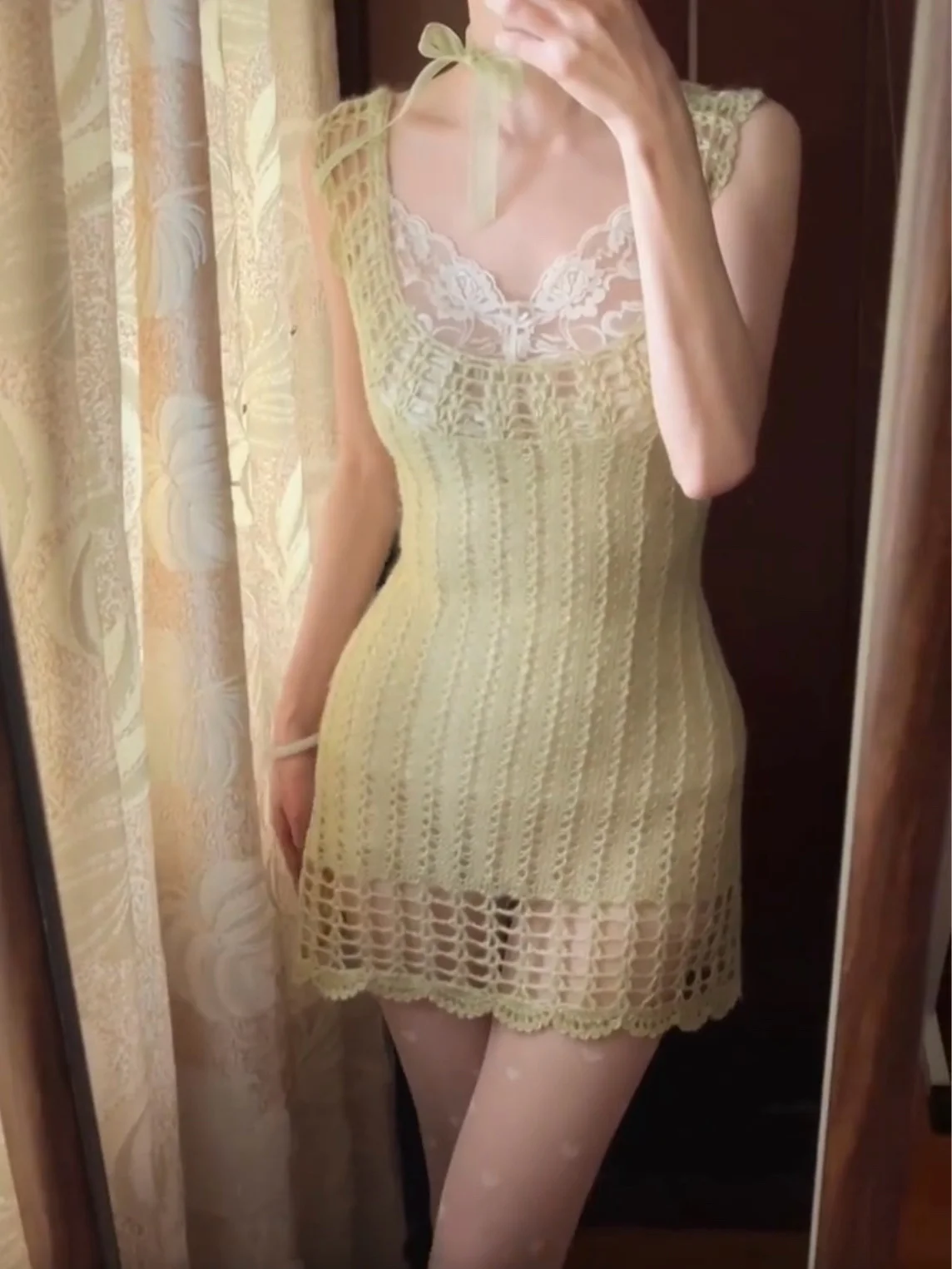 

Zhiding Qingti Soft Breeze Hook Flower Hollow Knitted Dr Slim Fit Bodycon ort Skirt Two Piece Set Summer Women's Dr