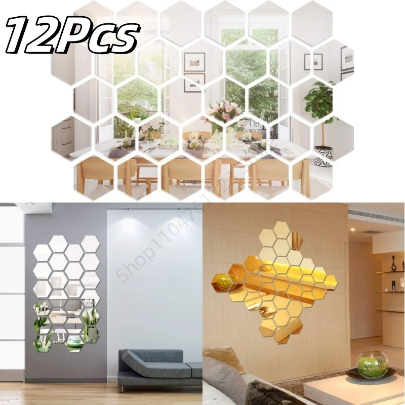12Pcs Hexagon Acrylic 3D Mirror Wall Sticker DIY Self-adhesive Bedroom Living-Room Mirror Stickers Art Wall Decoration