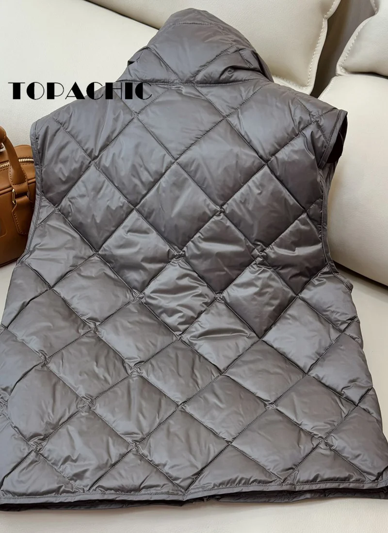 9.6 TOPACHIC-Women Quilted Argyle Plaid White Goose Down Keep Warm Vest Letter Lace-up Stand Collar Zipper Down Vests Outerwear