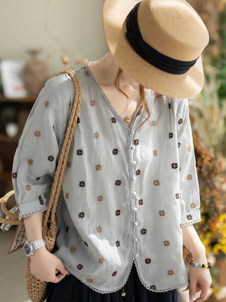 

Camiyu 100% Flax Loose V-neck Embroidered Shirt Women's Summer Seven-quarter Sleeve Floral Print Versatile Casual Style Top