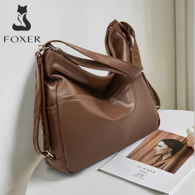 

FOXER Large Capacity Women's Tote Bag PU Leather Handbag 2025 Winter Retro Female Shoulder Bag Versatile Crossbody Festival Gift