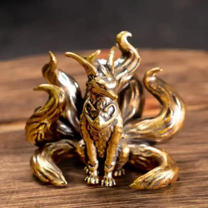 Antique Brass Lucky Nine Tailed Fox Figurines Feng Shui Ornament Copper Animal Miniature Office Desktop Crafts Home Accessories