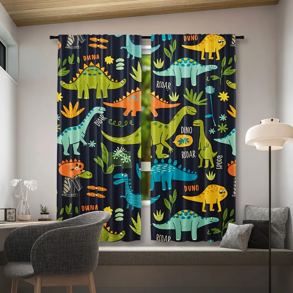 Cute Dinosaur Print Curtains for Nursery Room Decoration Jungle Safari Style Kids Window Treatment Printed Curtain Pair