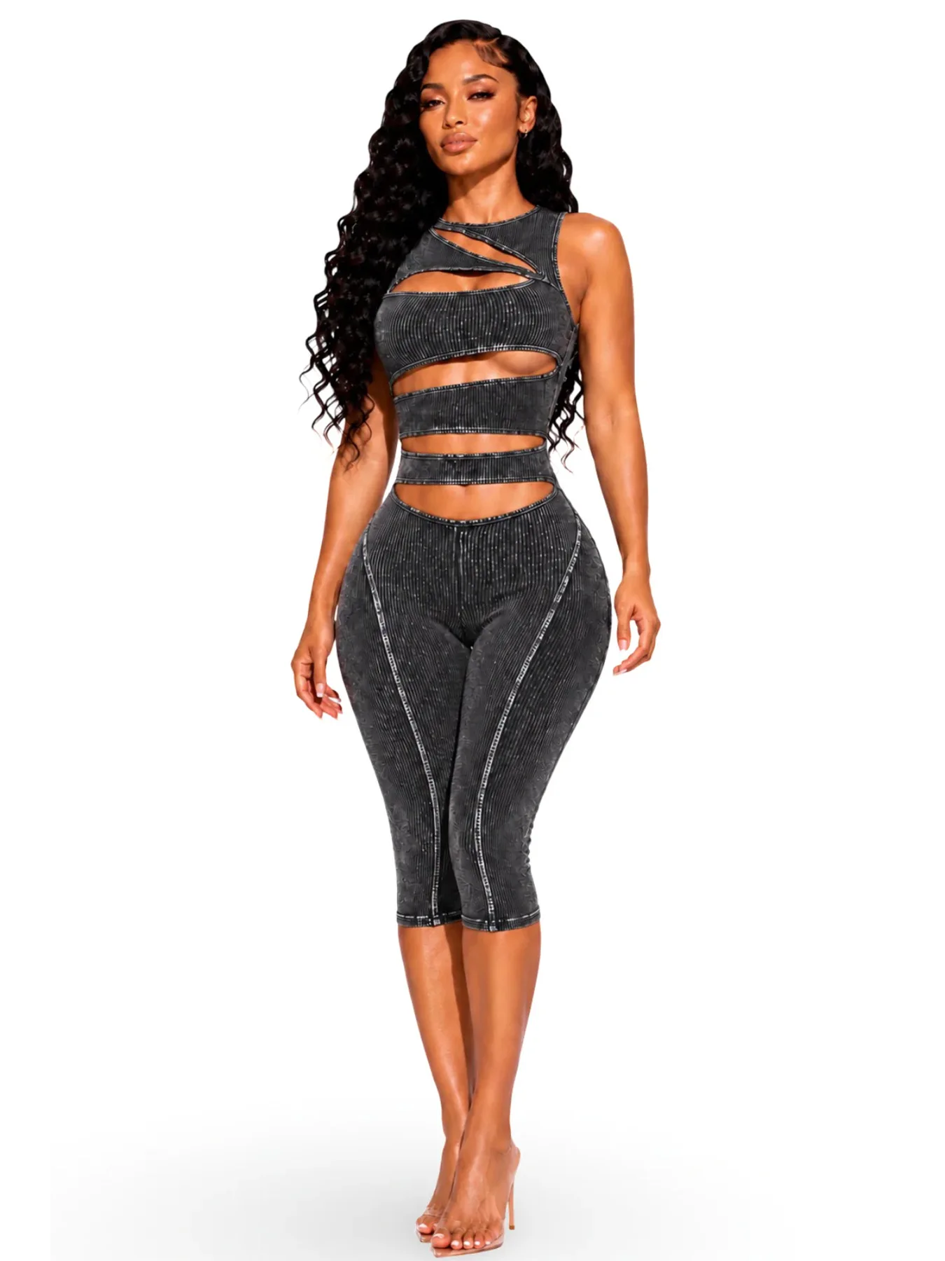 Stylish Lady Washed Ribbed Cutout Jumpsuit 2026 Women Sleeveless Back Zipper High Waist Slim Capri One Piece Clubwear