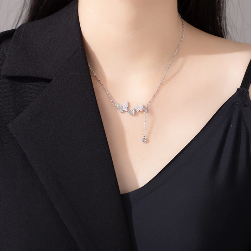 Christmas Gift 925 Sterling Silver sSparkling Diamond Butterfly Necklace Fashionable Tassel Collarbone Chain Birthday Gift Jewel