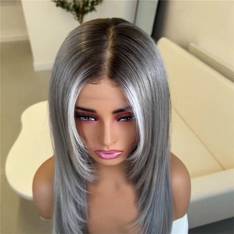 

13x4 HD Lace Wig Female grey with natural Black Roots Natural Wig Synthetic Fibre Mixed 5% Human Hair Wig Straight Full Wig