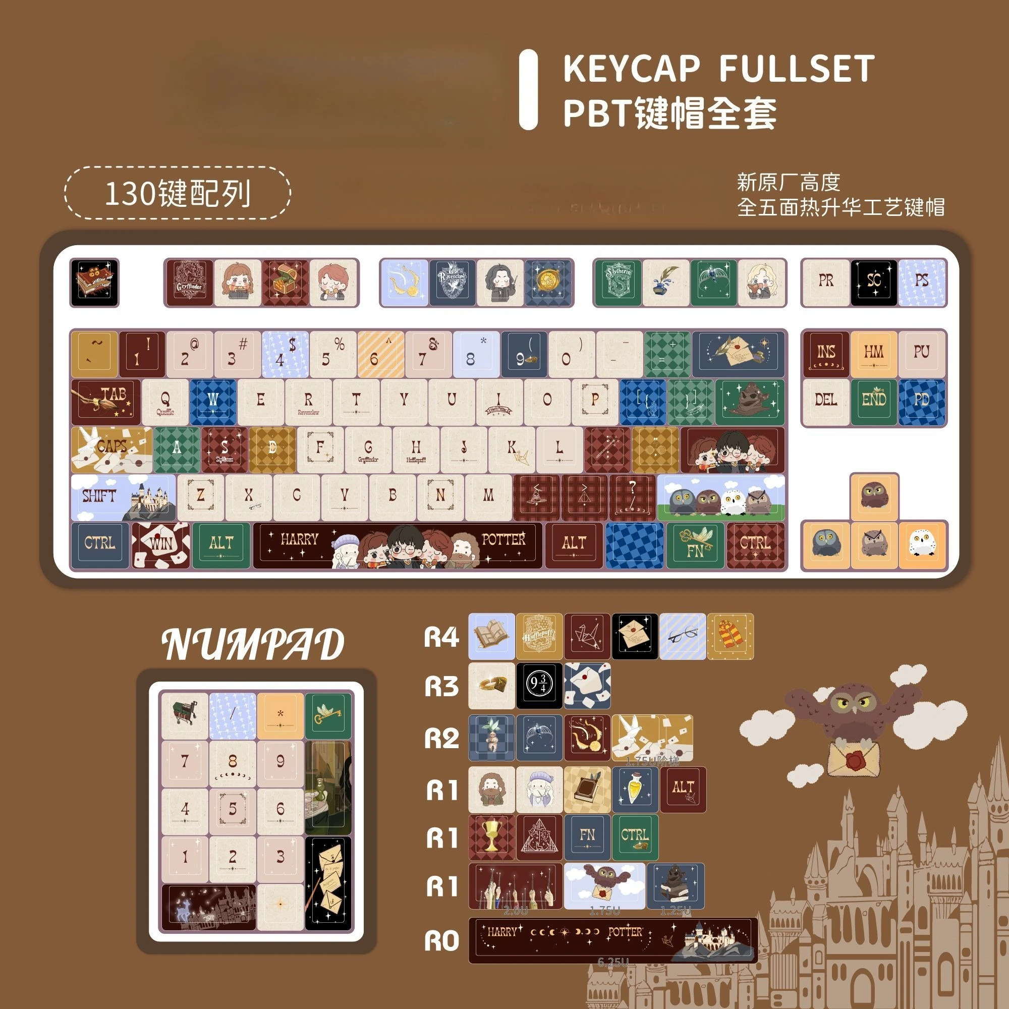 

Hogwarts Keycaps Anime Cherry Profile PBT 5-sided Dye-Sub Alice/Wooting Keycap Personalized Theme Brown Mechanical Key Caps